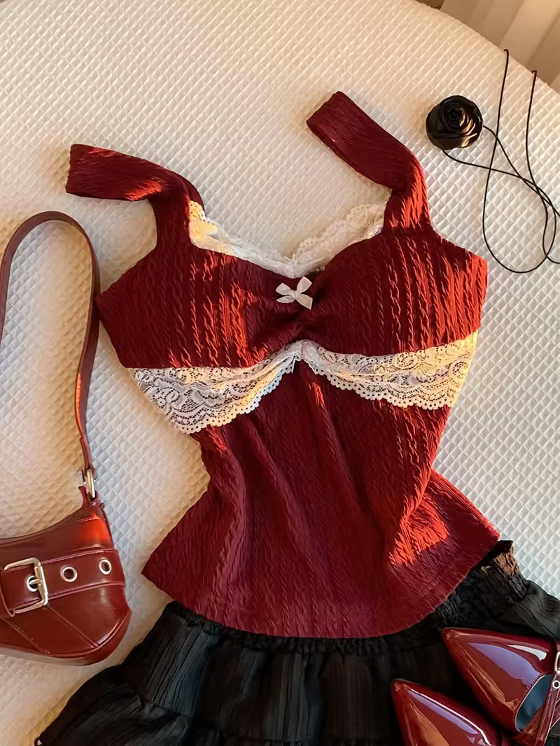 American Vintage Lace Bow Camisole, Y2K Hot Versatile Top, Made of Comfortable and Beautiful Jacquard Fabric, Suitable for Parties, Outings,, and Music Festivals