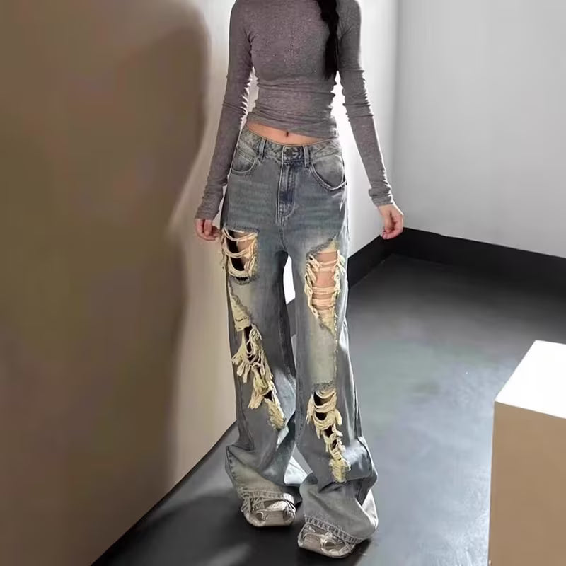 New Ripped Jeans for Women, with a Effect And a Tassel Design, Featuring Loose, Wide Leg Pants And Long Pants That Are Versatile And Slim Fit