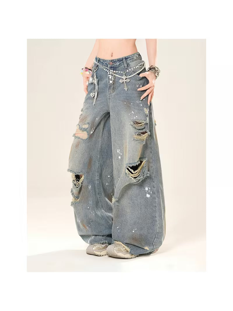 Women'S Distressed Hole Bleach Wash Straight Leg Jeans, Grunge Post Apocalyptic Baggy Denim, Paint Splash Wide Leg Pants, Floor Length, Raw Hem