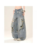 Women'S Distressed Hole Bleach Wash Straight Leg Jeans, Grunge Post Apocalyptic Baggy Denim, Paint Splash Wide Leg Pants, Floor Length, Raw Hem