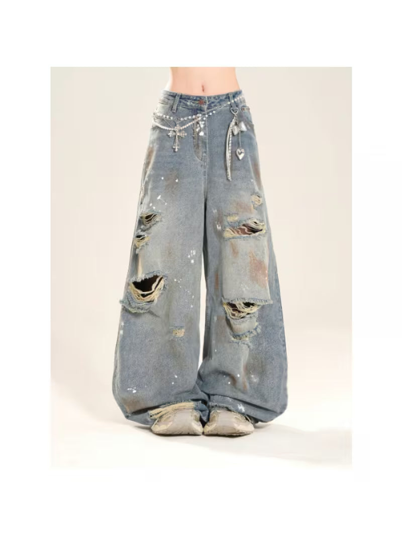 Women'S Distressed Hole Bleach Wash Straight Leg Jeans, Grunge Post Apocalyptic Baggy Denim, Paint Splash Wide Leg Pants, Floor Length, Raw Hem