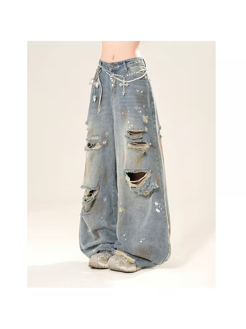 Women'S Distressed Hole Bleach Wash Straight Leg Jeans, Grunge Post Apocalyptic Baggy Denim, Paint Splash Wide Leg Pants, Floor Length, Raw Hem