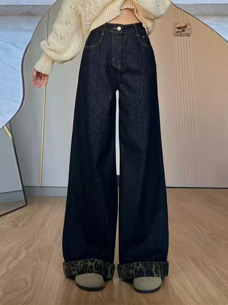 High Waist Wide Leg Jeans - Reversible Cuff Denim Pants with Tummy Control, Belted Straight Leg Trousers Suitable for Mature Style, Machine Washable Raw Denim for Spring/Summer