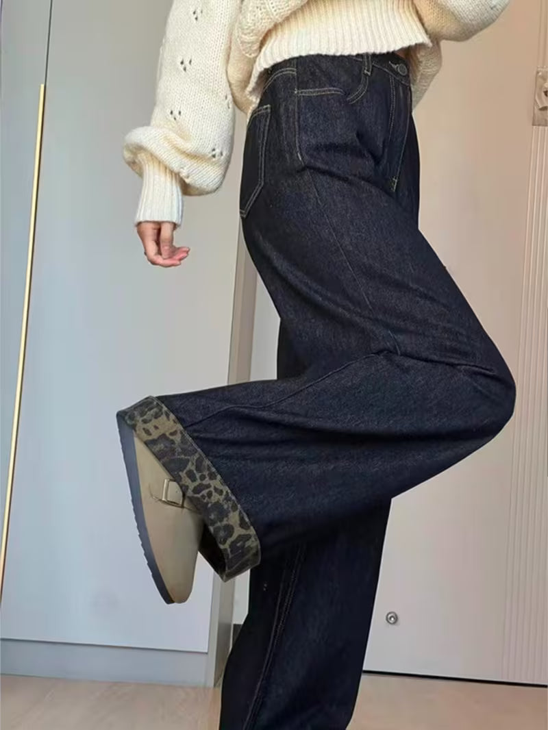 High Waist Wide Leg Jeans - Reversible Cuff Denim Pants with Tummy Control, Belted Straight Leg Trousers Suitable for Mature Style, Machine Washable Raw Denim for Spring/Summer