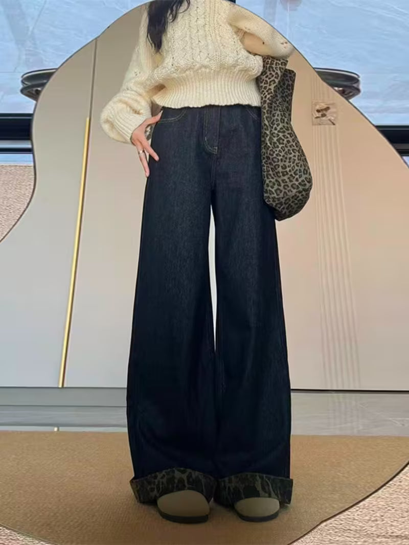 High Waist Wide Leg Jeans - Reversible Cuff Denim Pants with Tummy Control, Belted Straight Leg Trousers Suitable for Mature Style, Machine Washable Raw Denim for Spring/Summer