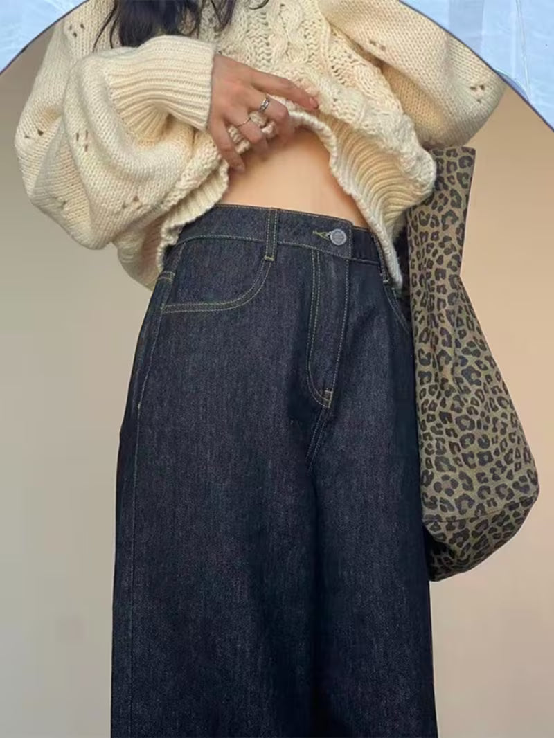 High Waist Wide Leg Jeans - Reversible Cuff Denim Pants with Tummy Control, Belted Straight Leg Trousers Suitable for Mature Style, Machine Washable Raw Denim for Spring/Summer