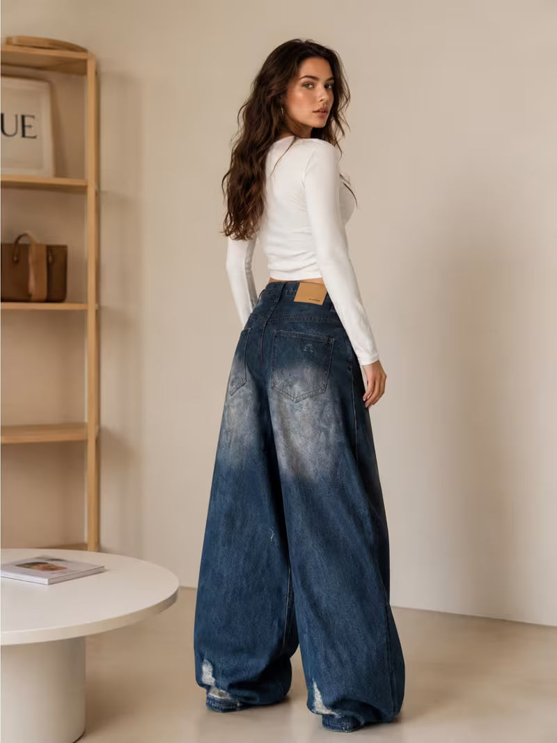 1pc High Waist Wide Leg Bell-Bottom Denim Jeans with Ripped Camouflage Patch - Loose Straight Trousers Suitable for Men & Women, Beltless, Machine Washable Streetwear for Daily Wear, Casual Outfits
