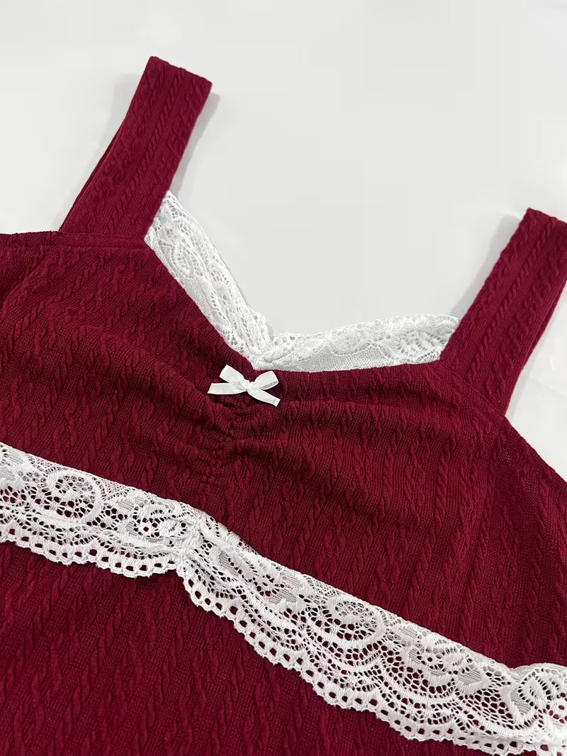 American Vintage Lace Bow Camisole, Y2K Hot Versatile Top, Made of Comfortable and Beautiful Jacquard Fabric, Suitable for Parties, Outings,, and Music Festivals