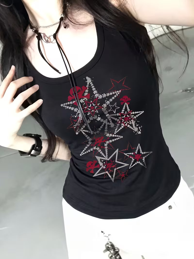 Y2K Spicy Style Square Neck Women's Tank Top, Dark Punk Style Star Print, Suitable for Daily Streetwear, Layering, Gym, and Casual Commuting, Versatile for Everyday Outings