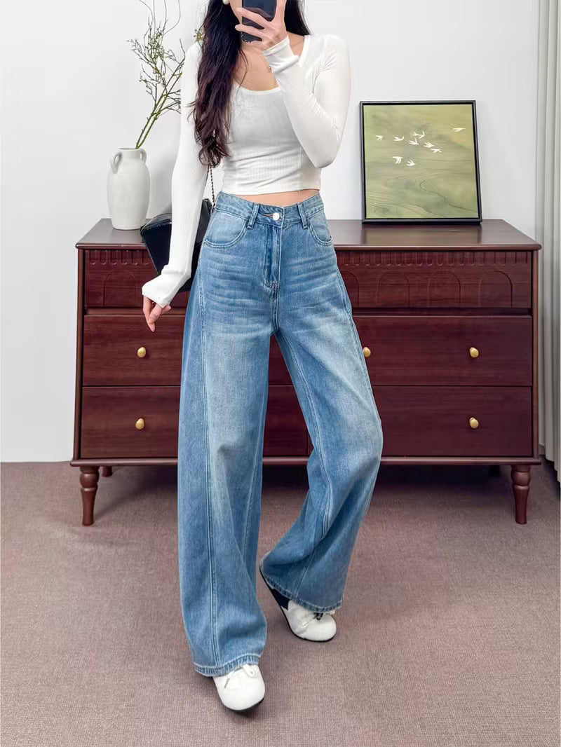 Women'S High Waist Light Wash Wide Leg Jeans with Seam Detail Loose Straight Pants Light Wash Denim Wide Leg Pants, High Waist with Split Seam And Loose Fit High Waist Loose Straight Jeans