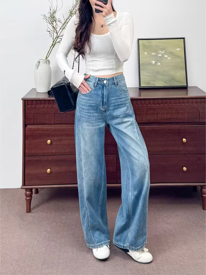 Women'S High Waist Light Wash Wide Leg Jeans with Seam Detail Loose Straight Pants Light Wash Denim Wide Leg Pants, High Waist with Split Seam And Loose Fit High Waist Loose Straight Jeans