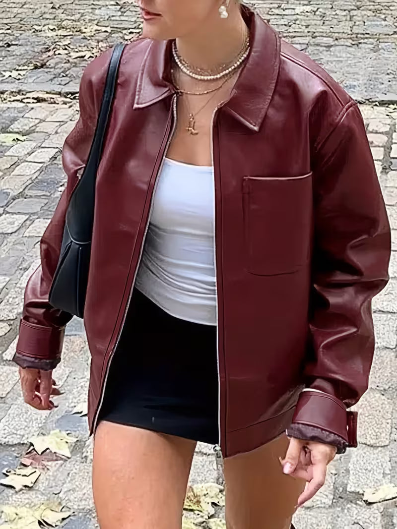 Women'S Wine Red Synthetic Jacket with Full-Zip Front & Zippered Pockets - Oversized Loose Fit Y2K Style Long Sleeve Coat, H-Line Silhouette for Spring/Fall Casual & Semi-Formal Outfits