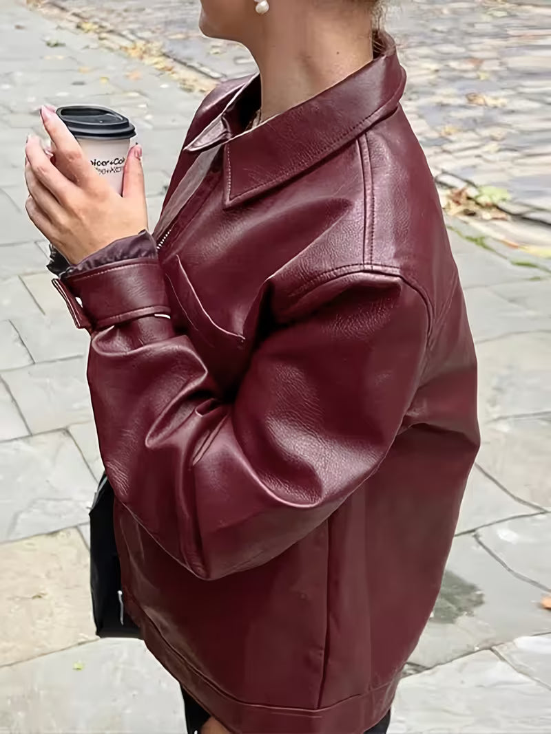 Women'S Wine Red Synthetic Jacket with Full-Zip Front & Zippered Pockets - Oversized Loose Fit Y2K Style Long Sleeve Coat, H-Line Silhouette for Spring/Fall Casual & Semi-Formal Outfits