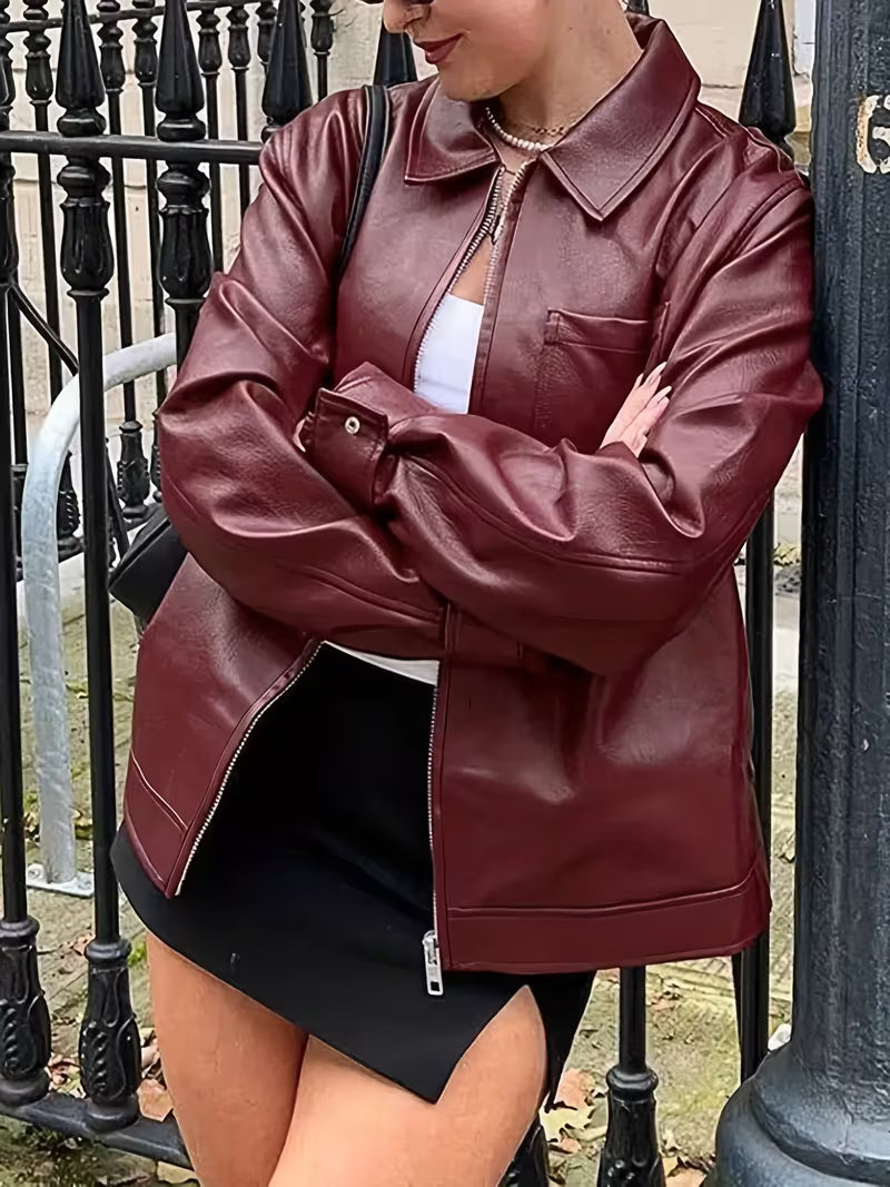 Women'S Wine Red Synthetic Jacket with Full-Zip Front & Zippered Pockets - Oversized Loose Fit Y2K Style Long Sleeve Coat, H-Line Silhouette for Spring/Fall Casual & Semi-Formal Outfits