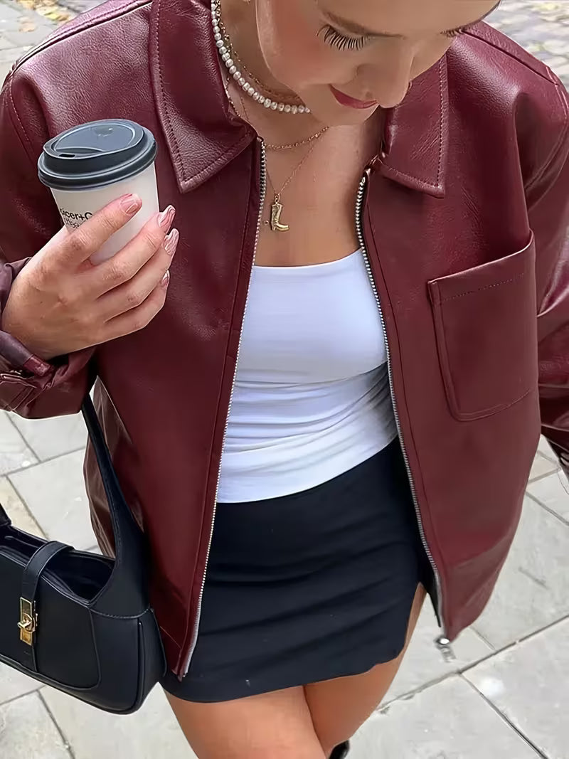 Women'S Wine Red Synthetic Jacket with Full-Zip Front & Zippered Pockets - Oversized Loose Fit Y2K Style Long Sleeve Coat, H-Line Silhouette for Spring/Fall Casual & Semi-Formal Outfits