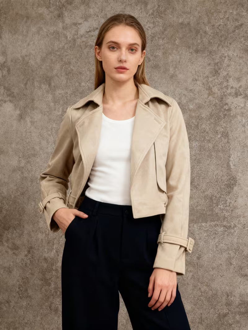 Spring New Women's Clothing Notch Lapel Waist Cinching Retro Commuter Short Trench Coat Top
