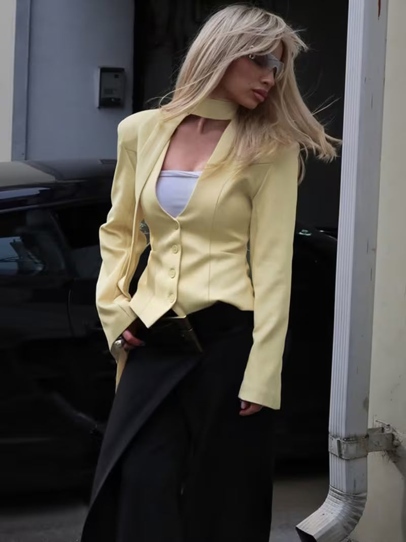 White V Neck Waist Cinch Vest Blazer Women Detachable Scarf Tie Flare Sleeve Cropped Commute Suit Jacket Luxury Pure White Lapelless Fitted Short Blazer Neck Sash Flared Cuff Slim Elegant Office Outerwear