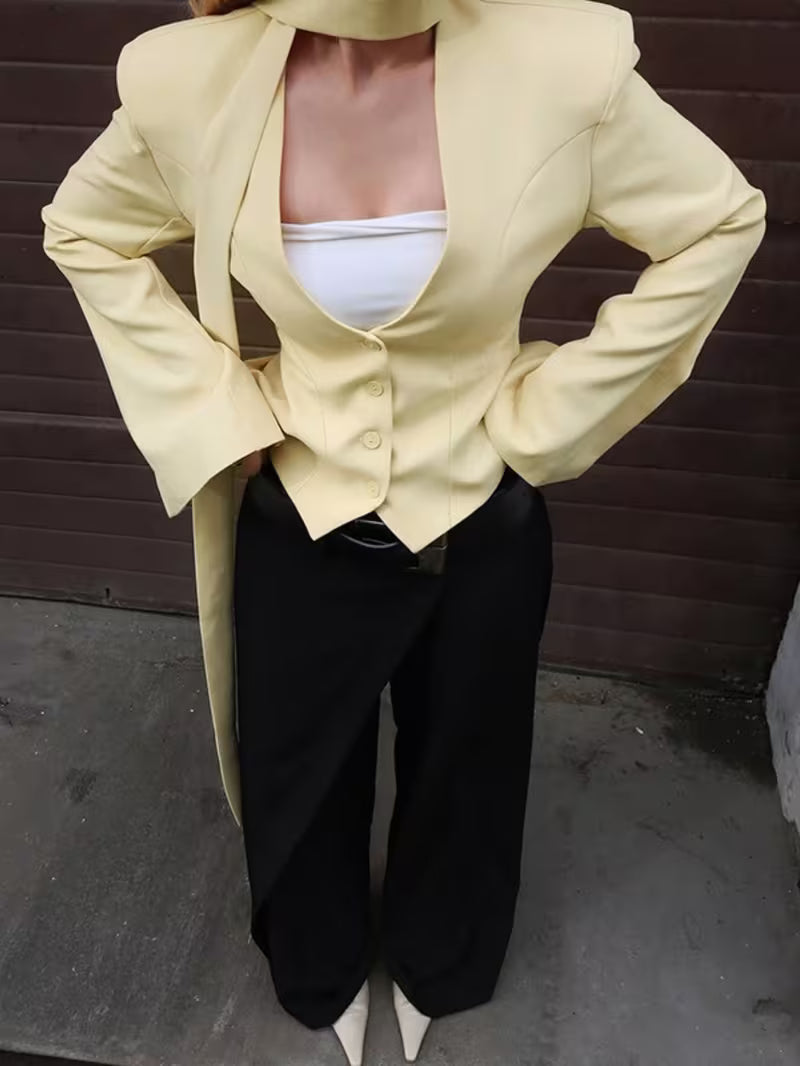 White V Neck Waist Cinch Vest Blazer Women Detachable Scarf Tie Flare Sleeve Cropped Commute Suit Jacket Luxury Pure White Lapelless Fitted Short Blazer Neck Sash Flared Cuff Slim Elegant Office Outerwear