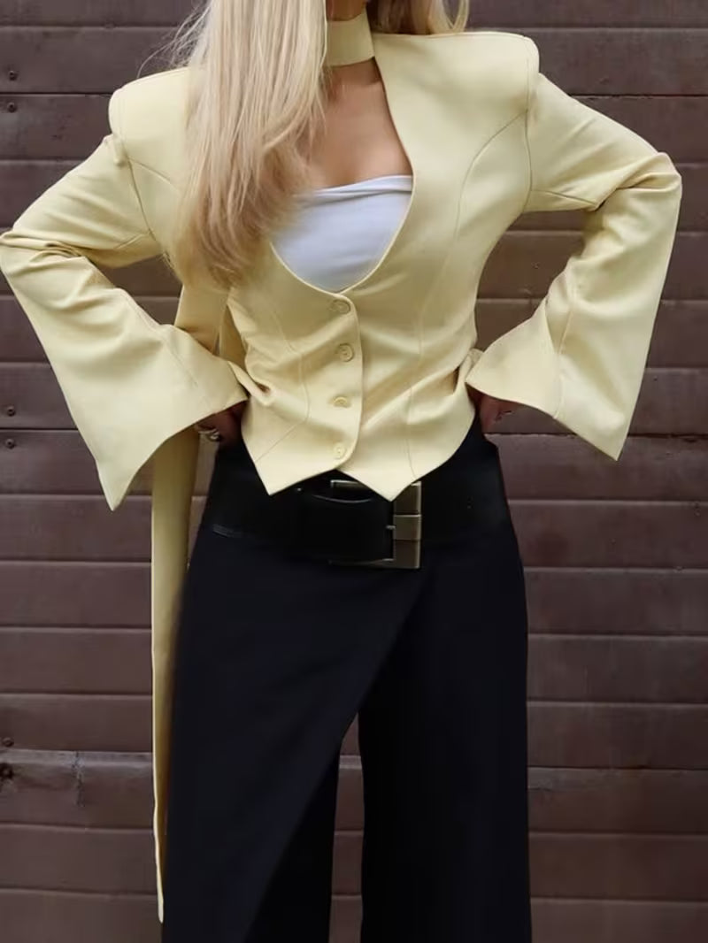 White V Neck Waist Cinch Vest Blazer Women Detachable Scarf Tie Flare Sleeve Cropped Commute Suit Jacket Luxury Pure White Lapelless Fitted Short Blazer Neck Sash Flared Cuff Slim Elegant Office Outerwear