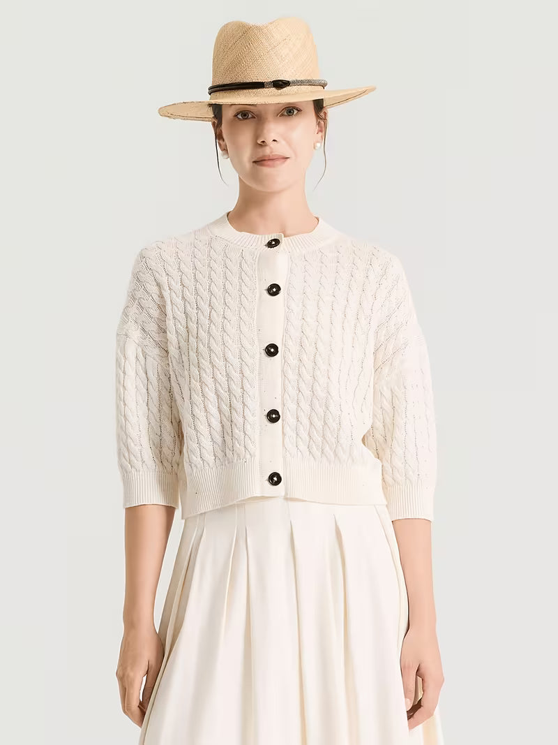 100% Linen Cable Cardigan for Women, French Chic Preppy Short Sleeve Open Front Jacket