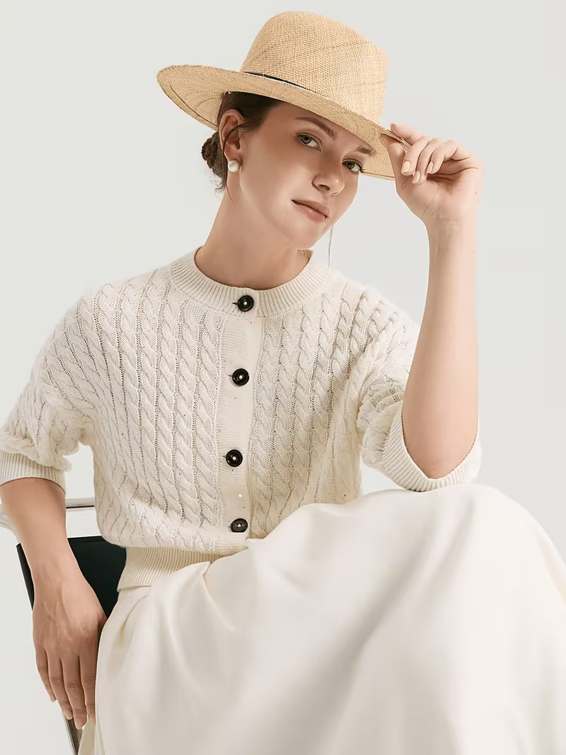 100% Linen Cable Cardigan for Women, French Chic Preppy Short Sleeve Open Front Jacket