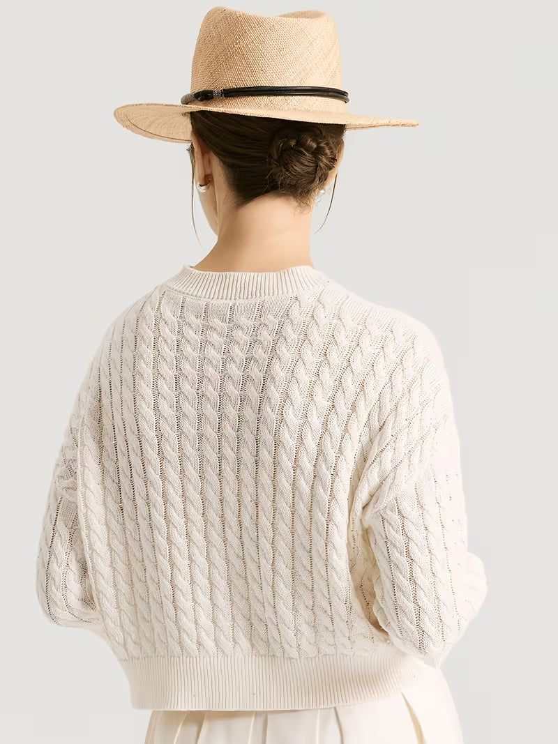 100% Linen Cable Cardigan for Women, French Chic Preppy Short Sleeve Open Front Jacket