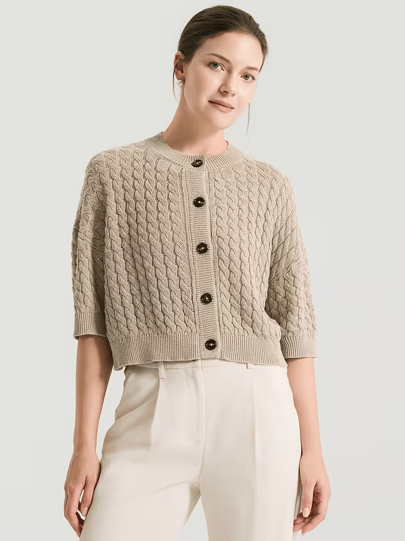 100% Linen Cable Cardigan for Women, French Chic Preppy Short Sleeve Open Front Jacket