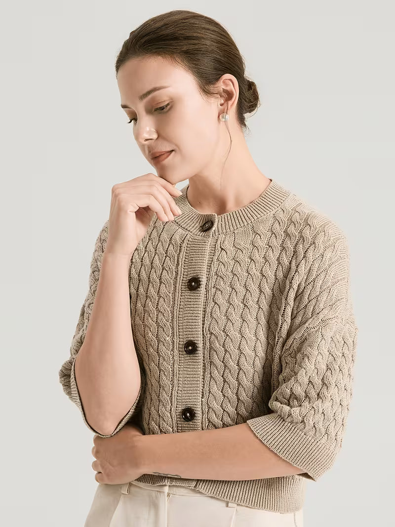 100% Linen Cable Cardigan for Women, French Chic Preppy Short Sleeve Open Front Jacket