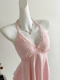 Elegant Directional Women'S Red Plaid Lace Stitching Sweet Holiday Spaghetti Strap Vest, Suitable for Spring And Summer Beach