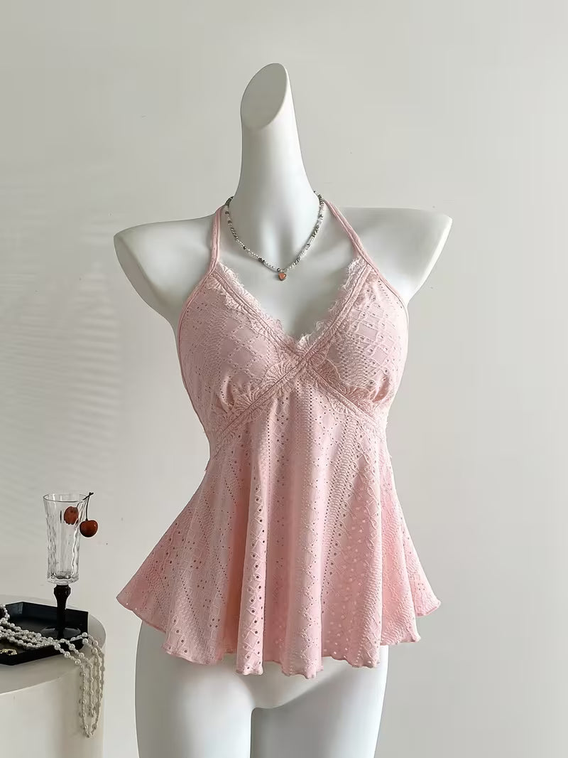 Elegant Directional Women'S Red Plaid Lace Stitching Sweet Holiday Spaghetti Strap Vest, Suitable for Spring And Summer Beach