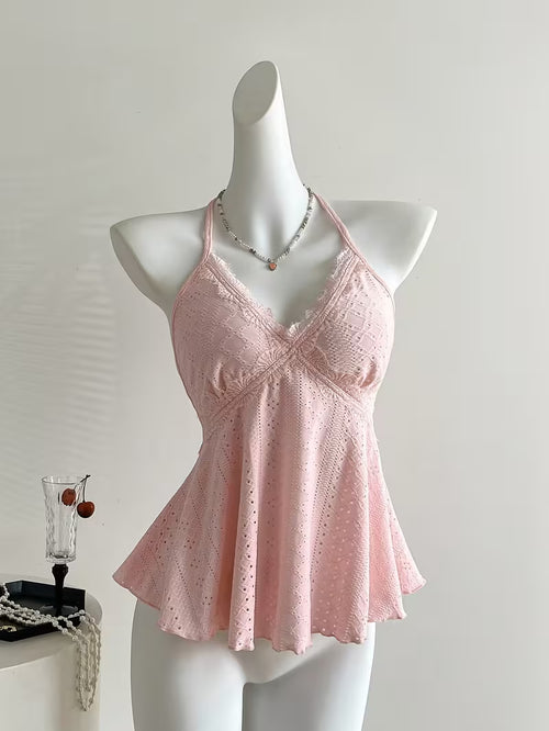 Elegant Directional Women'S Red Plaid Lace Stitching Sweet Holiday Spaghetti Strap Vest, Suitable for Spring And Summer Beach