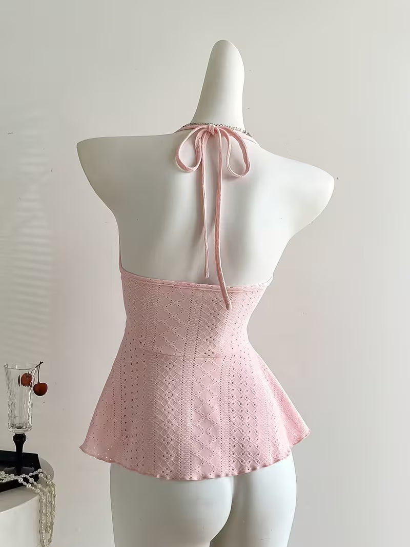 Elegant Directional Women'S Red Plaid Lace Stitching Sweet Holiday Spaghetti Strap Vest, Suitable for Spring And Summer Beach