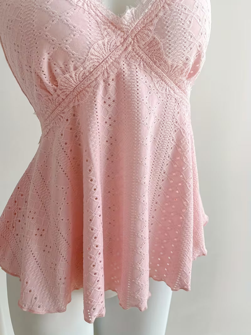 Elegant Directional Women'S Red Plaid Lace Stitching Sweet Holiday Spaghetti Strap Vest, Suitable for Spring And Summer Beach