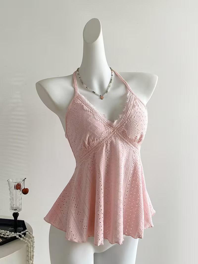Elegant Directional Women'S Red Plaid Lace Stitching Sweet Holiday Spaghetti Strap Vest, Suitable for Spring And Summer Beach