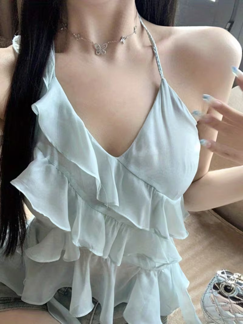 Women’s Ruffled Halter Top - Tie-Up Sleeveless Backless Summer Vest with Flowing Layers of Fabric, Perfect for Clubwear or Beach Outings, Casual Outdoor Wear | Elegant Appearance | Wooden Ear Detail