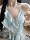 Women’s Ruffled Halter Top - Tie-Up Sleeveless Backless Summer Vest with Flowing Layers of Fabric, Perfect for Clubwear or Beach Outings, Casual Outdoor Wear | Elegant Appearance | Wooden Ear Detail