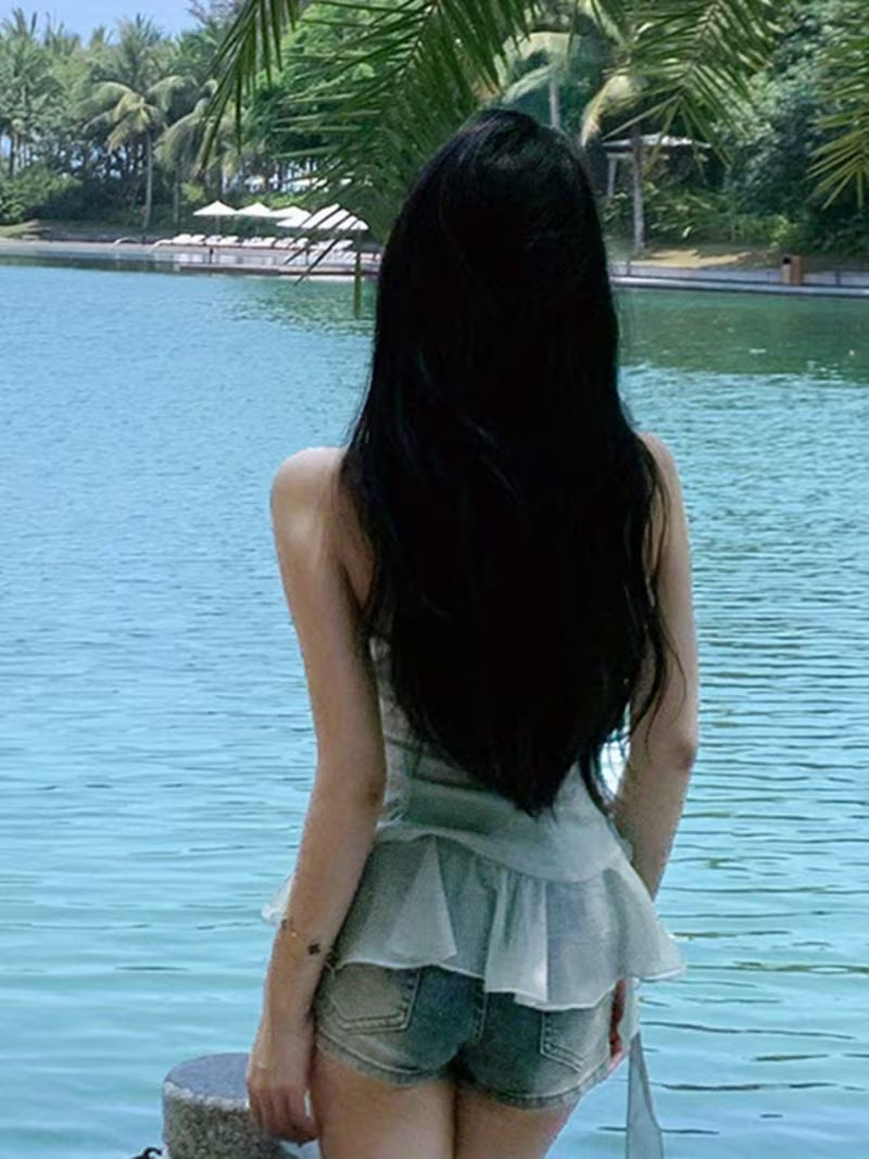 Women’s Ruffled Halter Top - Tie-Up Sleeveless Backless Summer Vest with Flowing Layers of Fabric, Perfect for Clubwear or Beach Outings, Casual Outdoor Wear | Elegant Appearance | Wooden Ear Detail