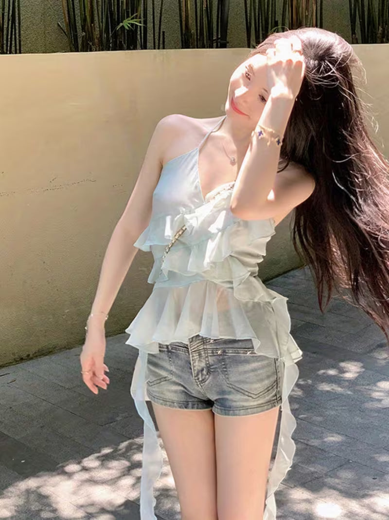 Women’s Ruffled Halter Top - Tie-Up Sleeveless Backless Summer Vest with Flowing Layers of Fabric, Perfect for Clubwear or Beach Outings, Casual Outdoor Wear | Elegant Appearance | Wooden Ear Detail