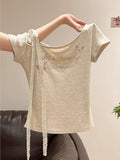 Women's Off-Shoulder Asymmetrical Collar Lace Ribbon Short Sleeve T-Shirt Summer Letter Print Slim Fit Flattering Versatile Short Top