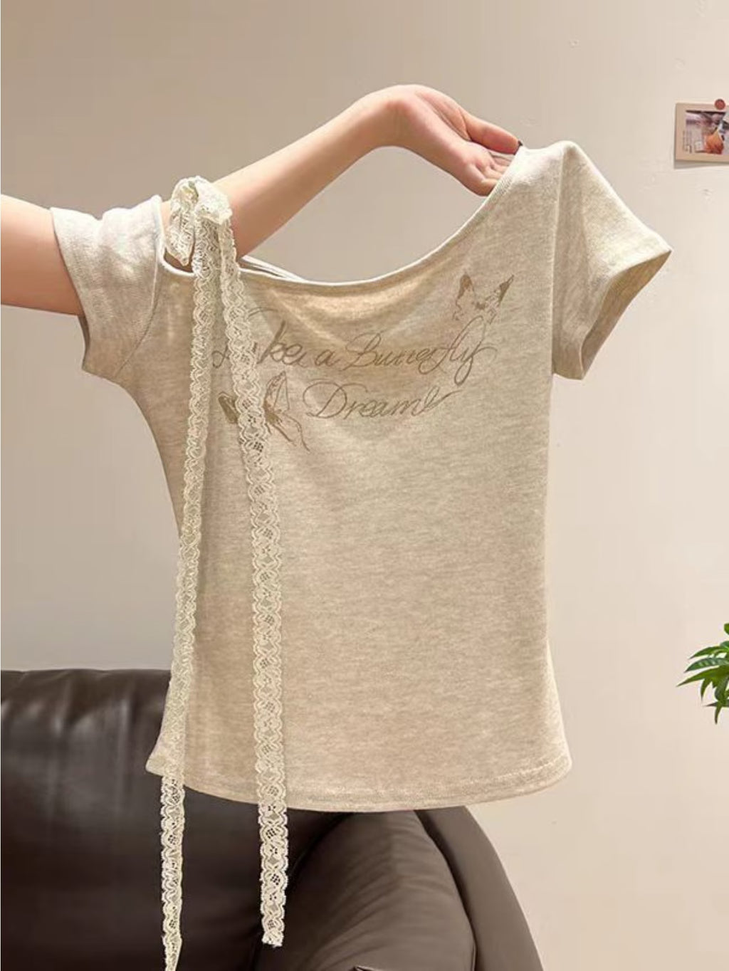 Women's Off-Shoulder Asymmetrical Collar Lace Ribbon Short Sleeve T-Shirt Summer Letter Print Slim Fit Flattering Versatile Short Top