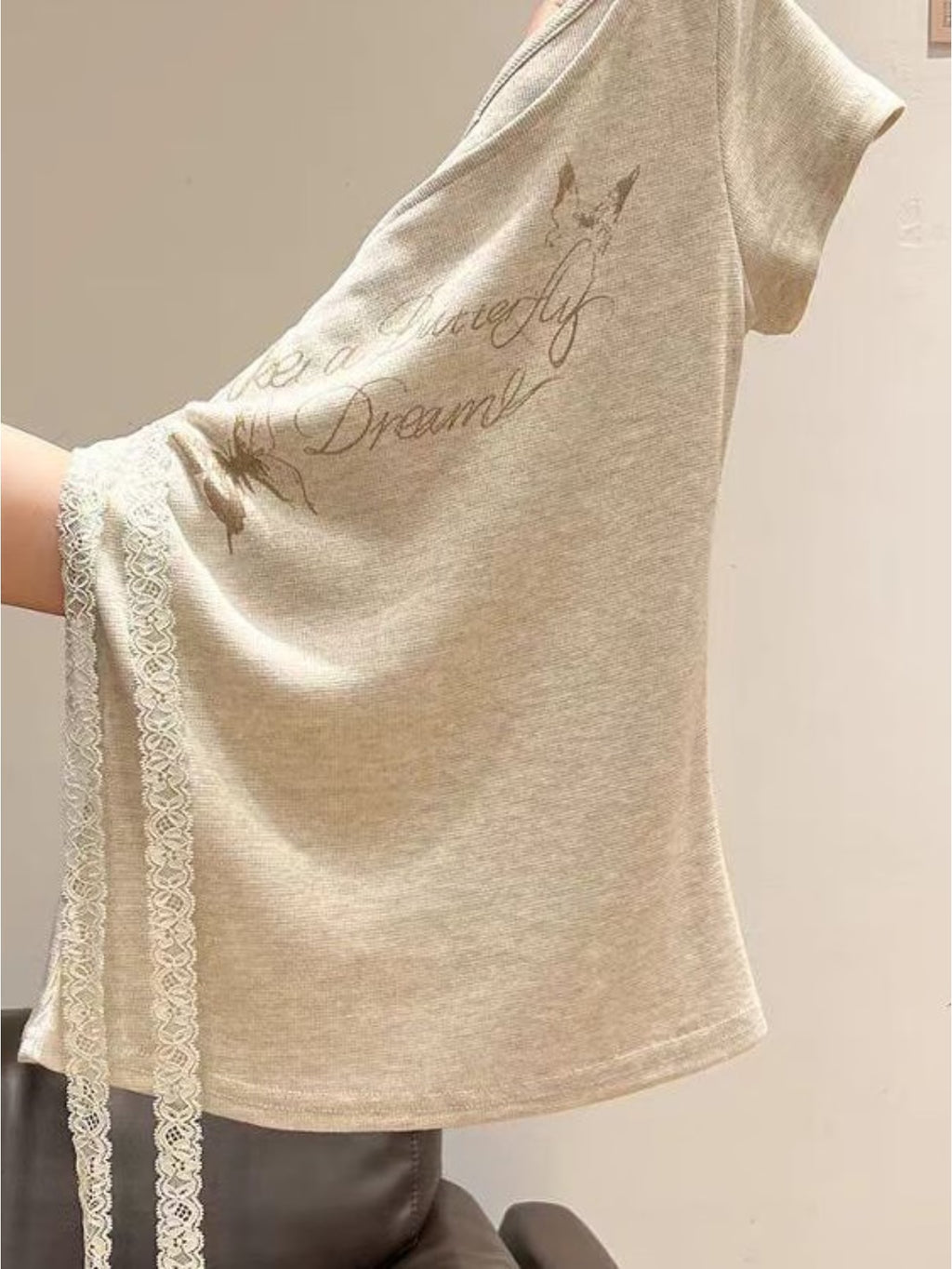 Women's Off-Shoulder Asymmetrical Collar Lace Ribbon Short Sleeve T-Shirt Summer Letter Print Slim Fit Flattering Versatile Short Top