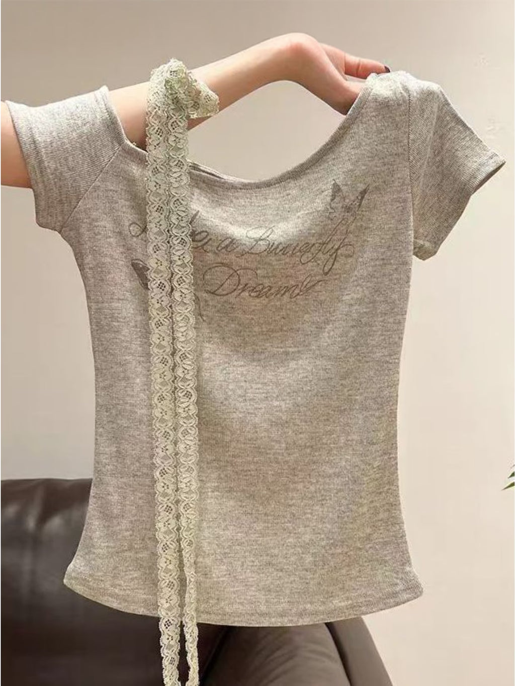 Women's Off-Shoulder Asymmetrical Collar Lace Ribbon Short Sleeve T-Shirt Summer Letter Print Slim Fit Flattering Versatile Short Top