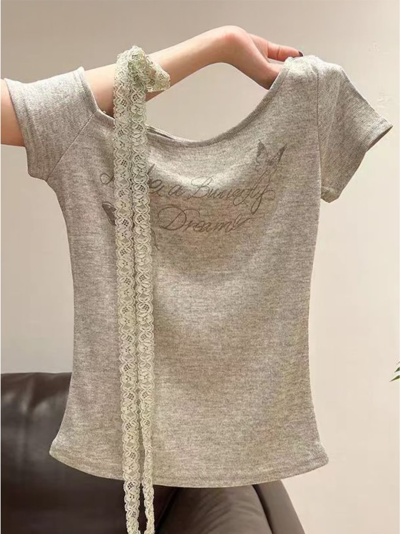 Women's Off-Shoulder Asymmetrical Collar Lace Ribbon Short Sleeve T-Shirt Summer Letter Print Slim Fit Flattering Versatile Short Top