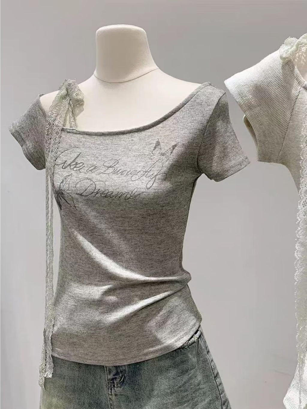 Women's Off-Shoulder Asymmetrical Collar Lace Ribbon Short Sleeve T-Shirt Summer Letter Print Slim Fit Flattering Versatile Short Top