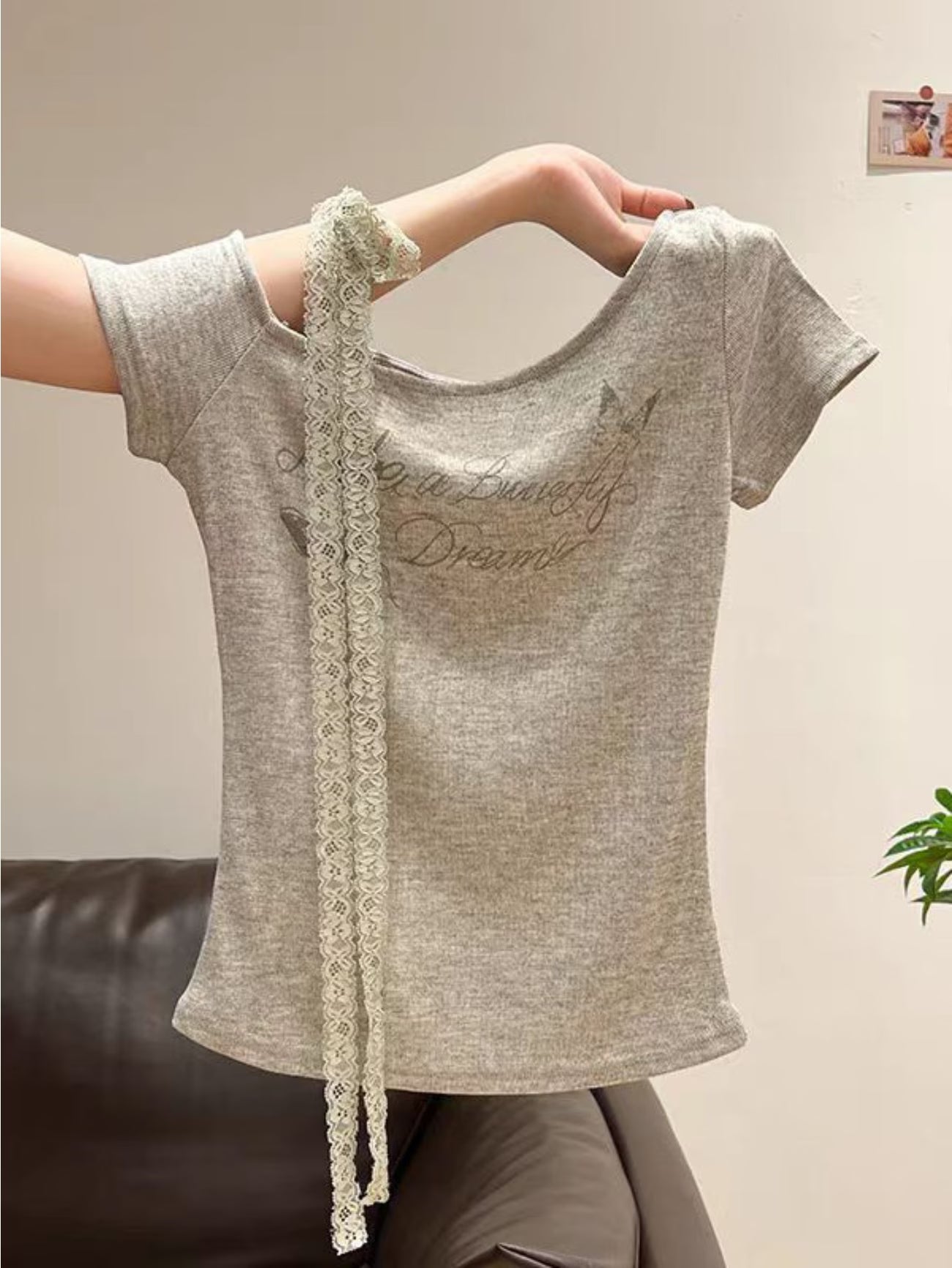 Women's Off-Shoulder Asymmetrical Collar Lace Ribbon Short Sleeve T-Shirt Summer Letter Print Slim Fit Flattering Versatile Short Top