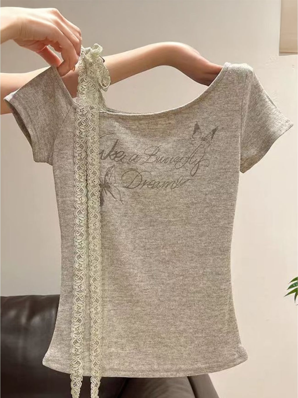 Women's Off-Shoulder Asymmetrical Collar Lace Ribbon Short Sleeve T-Shirt Summer Letter Print Slim Fit Flattering Versatile Short Top