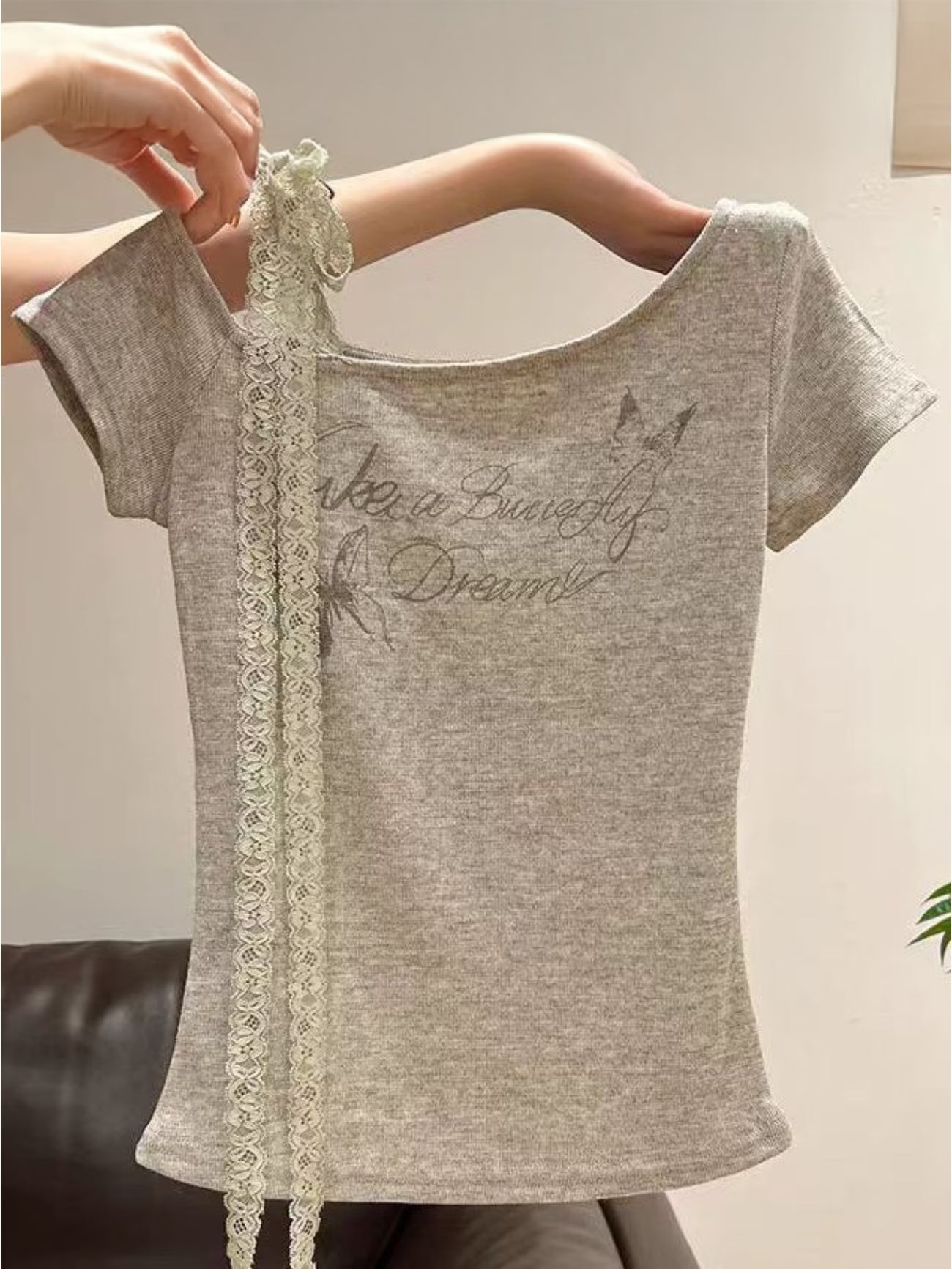 Women's Off-Shoulder Asymmetrical Collar Lace Ribbon Short Sleeve T-Shirt Summer Letter Print Slim Fit Flattering Versatile Short Top