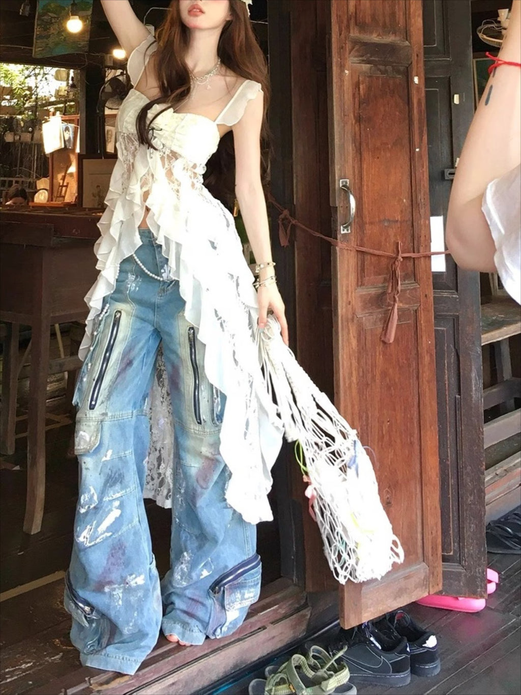 omen's Summer New Lace Cami Top - Vacation Outfit, Ruffle Hem Asymmetric High Low Peplum Top, Sheer Going Out Tank