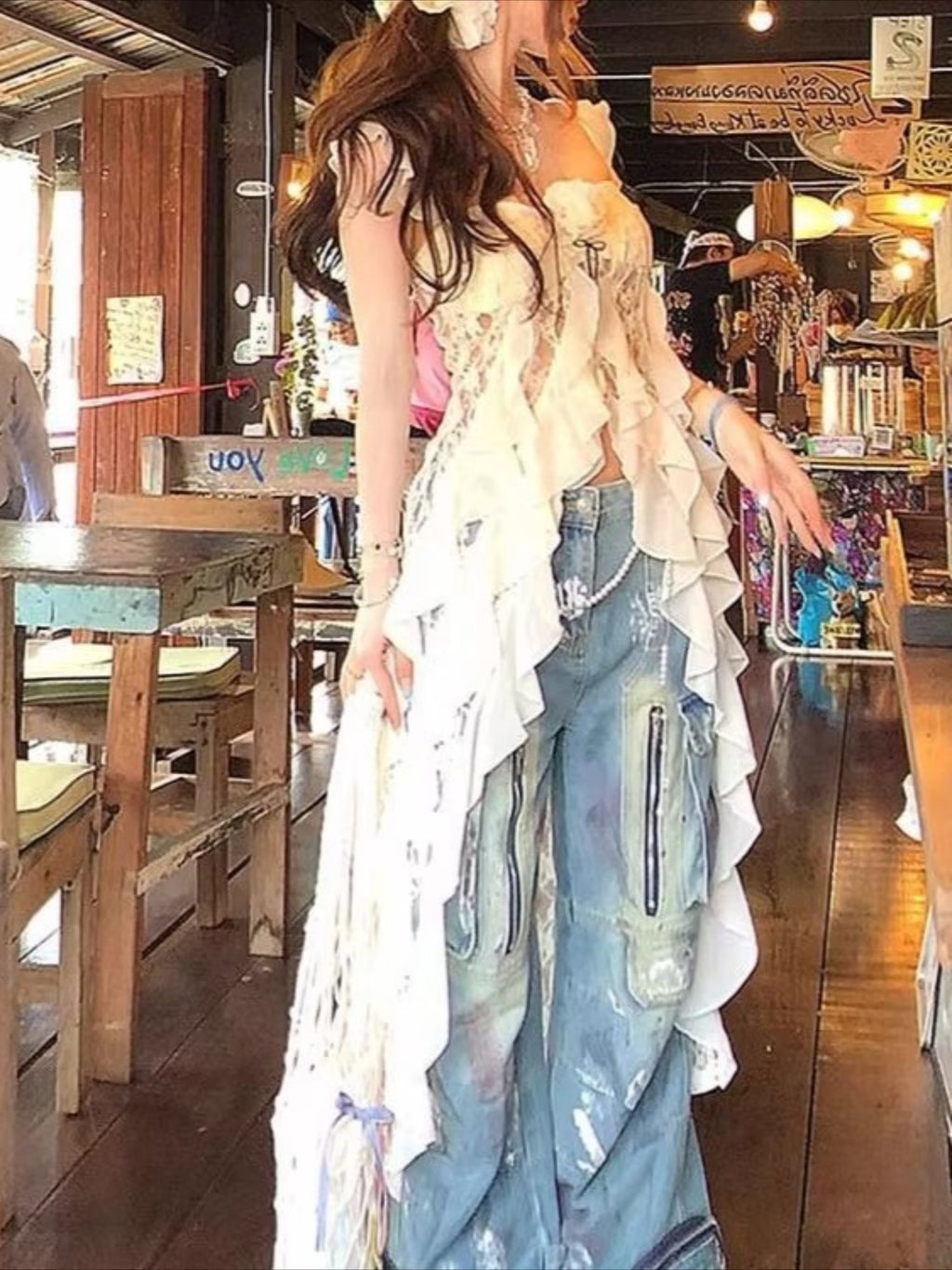 omen's Summer New Lace Cami Top - Vacation Outfit, Ruffle Hem Asymmetric High Low Peplum Top, Sheer Going Out Tank