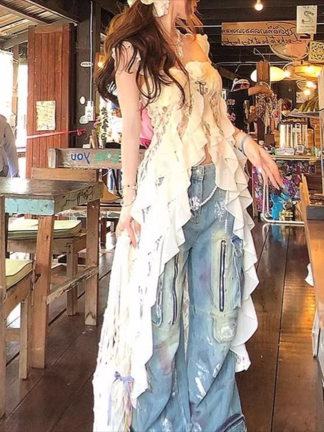 omen's Summer New Lace Cami Top - Vacation Outfit, Ruffle Hem Asymmetric High Low Peplum Top, Sheer Going Out Tank